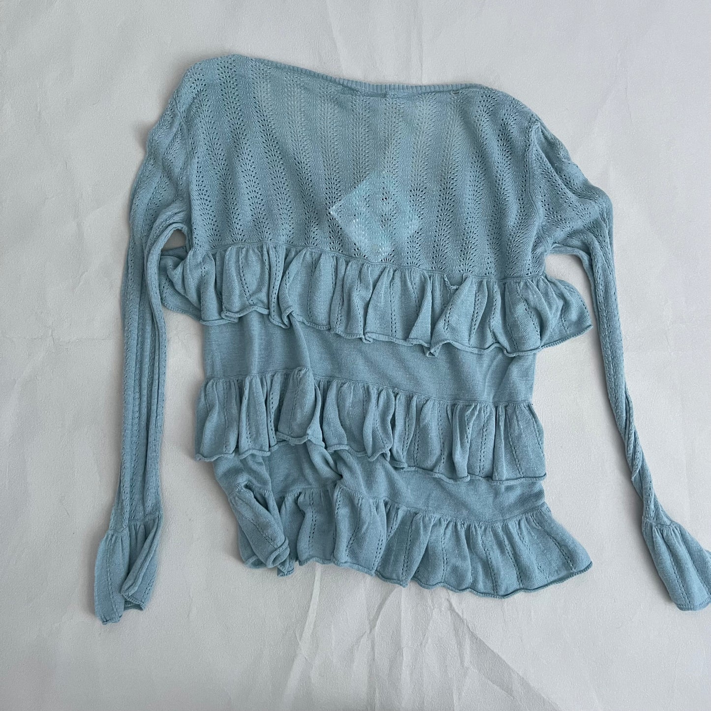 Vintage Turquoise Blue Frilly Lace Crochet Fine Knit Cardigan Top
