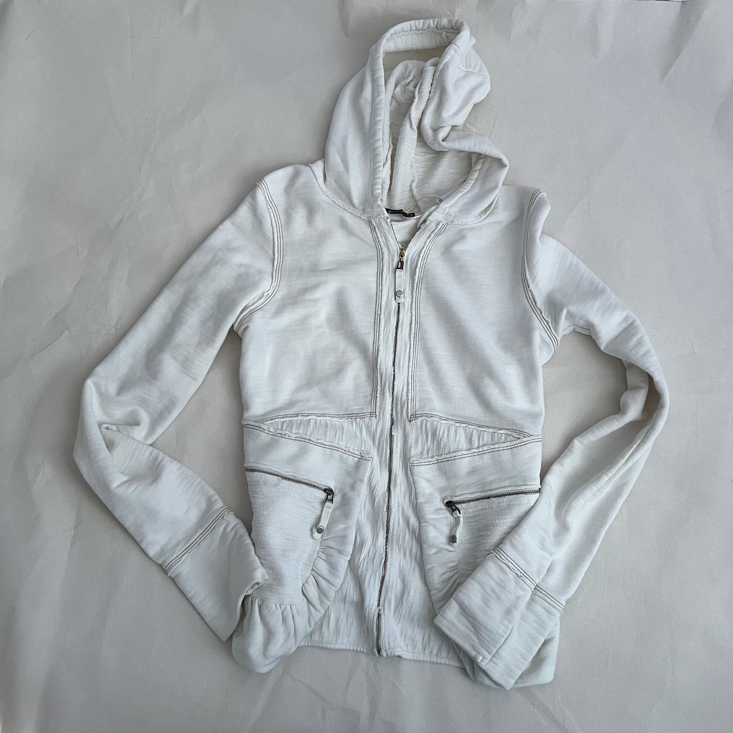 90s White Marithe Francois Girbaud Dual Zip Ruched Pocket Hoodie