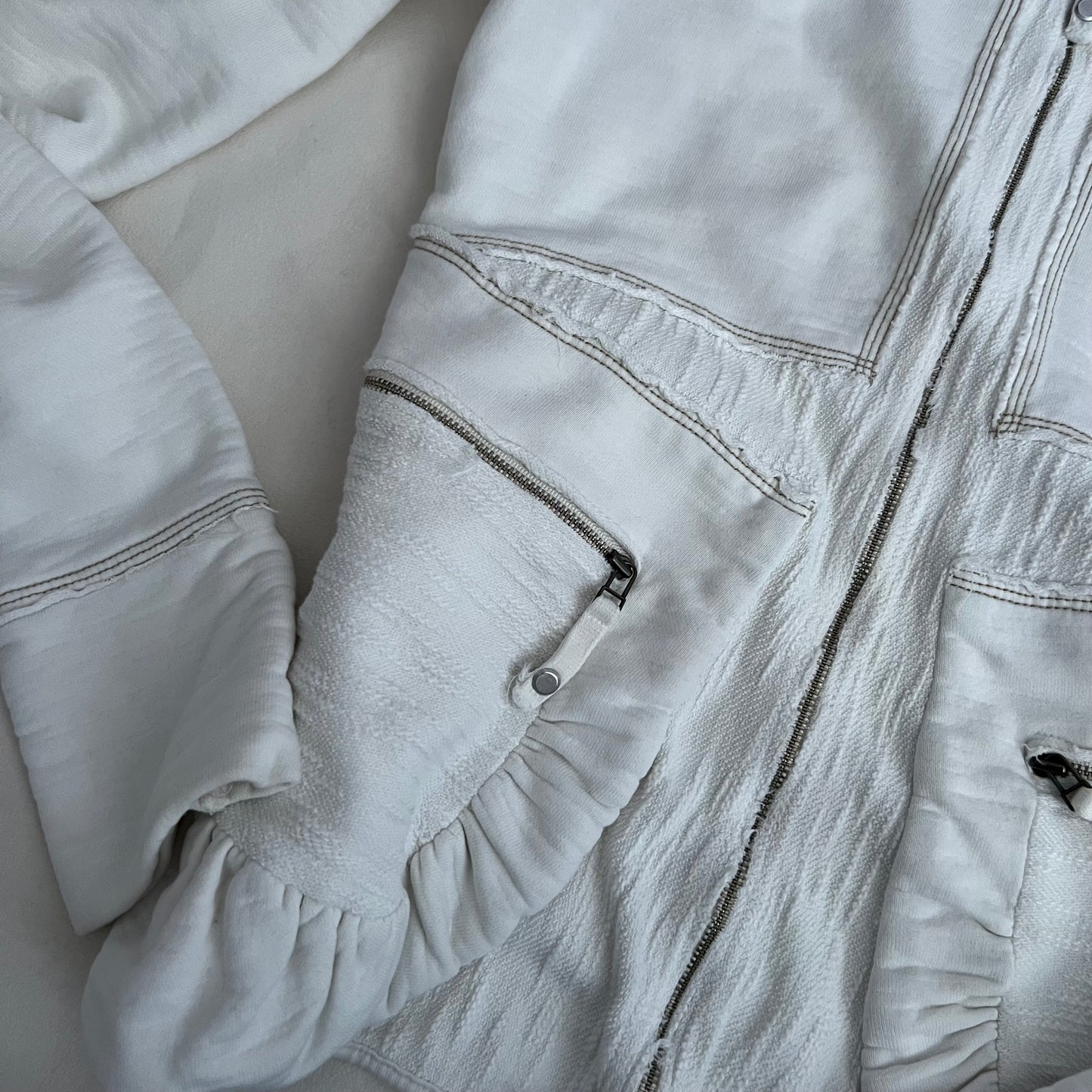 90s White Marithe Francois Girbaud Dual Zip Ruched Pocket Hoodie