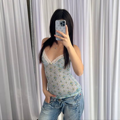 D&G Baby Blue Floral White Lace Trim Bustier Camisole