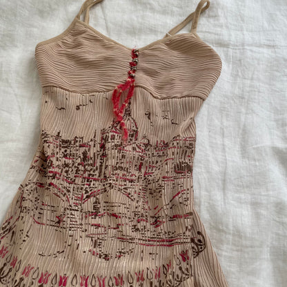 save the queen beige boho western print pink accent ruffle hem midi dress