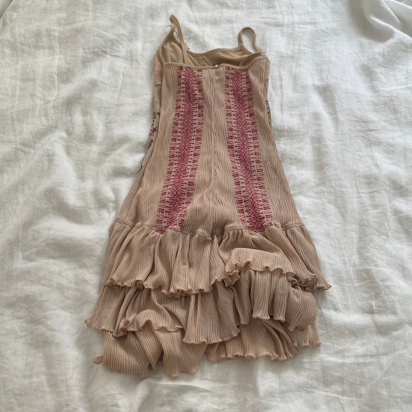 save the queen beige boho western print pink accent ruffle hem midi dress