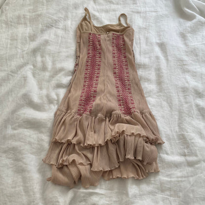 save the queen beige boho western print pink accent ruffle hem midi dress
