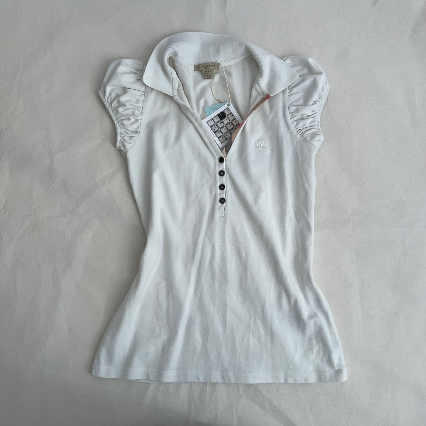 White Burberry Brit Ruched Puff Sleeve Fitted 1/4 Button Polo Top