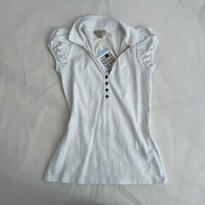 White Burberry Brit Ruched Puff Sleeve Fitted 1/4 Button Polo Top