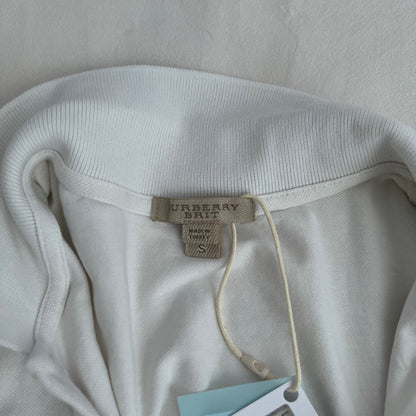 White Burberry Brit Ruched Puff Sleeve Fitted 1/4 Button Polo Top