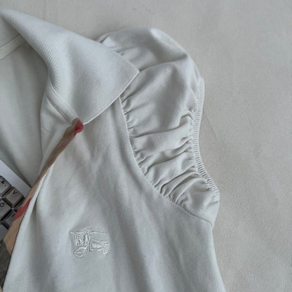 White Burberry Brit Ruched Puff Sleeve Fitted 1/4 Button Polo Top