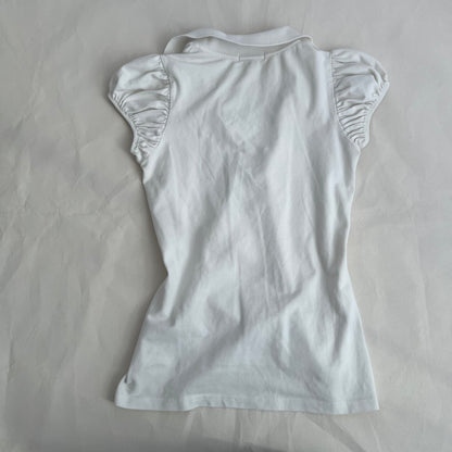 White Burberry Brit Ruched Puff Sleeve Fitted 1/4 Button Polo Top