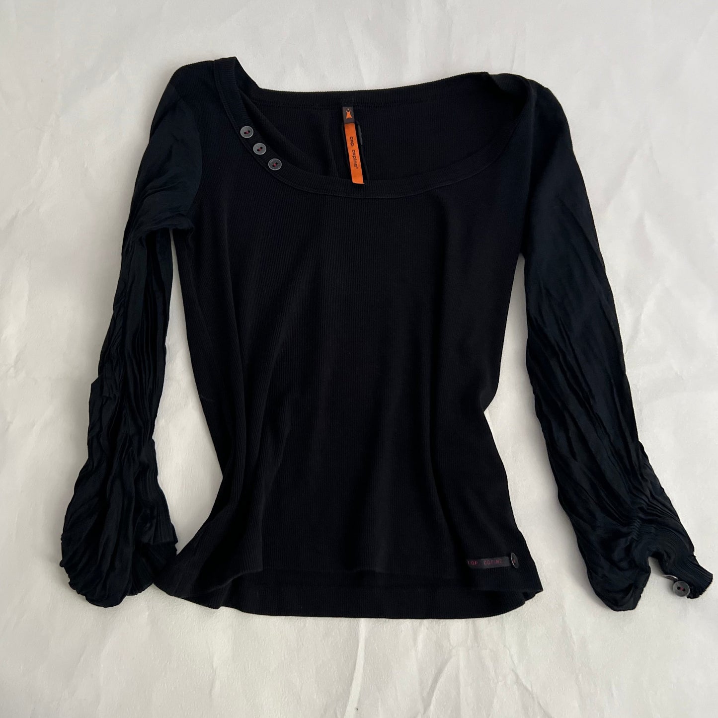 Cop Copine Balletcore 3/4 Button Collar Accent Pleated Puff Sleeve Black Top