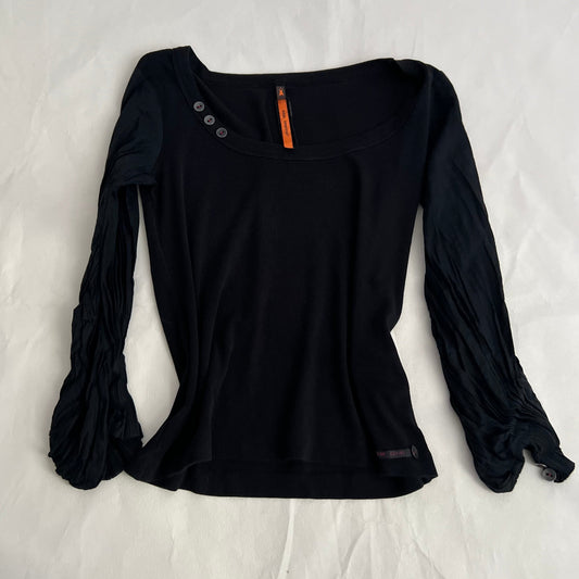 Cop Copine Balletcore 3/4 Button Collar Accent Pleated Puff Sleeve Black Top