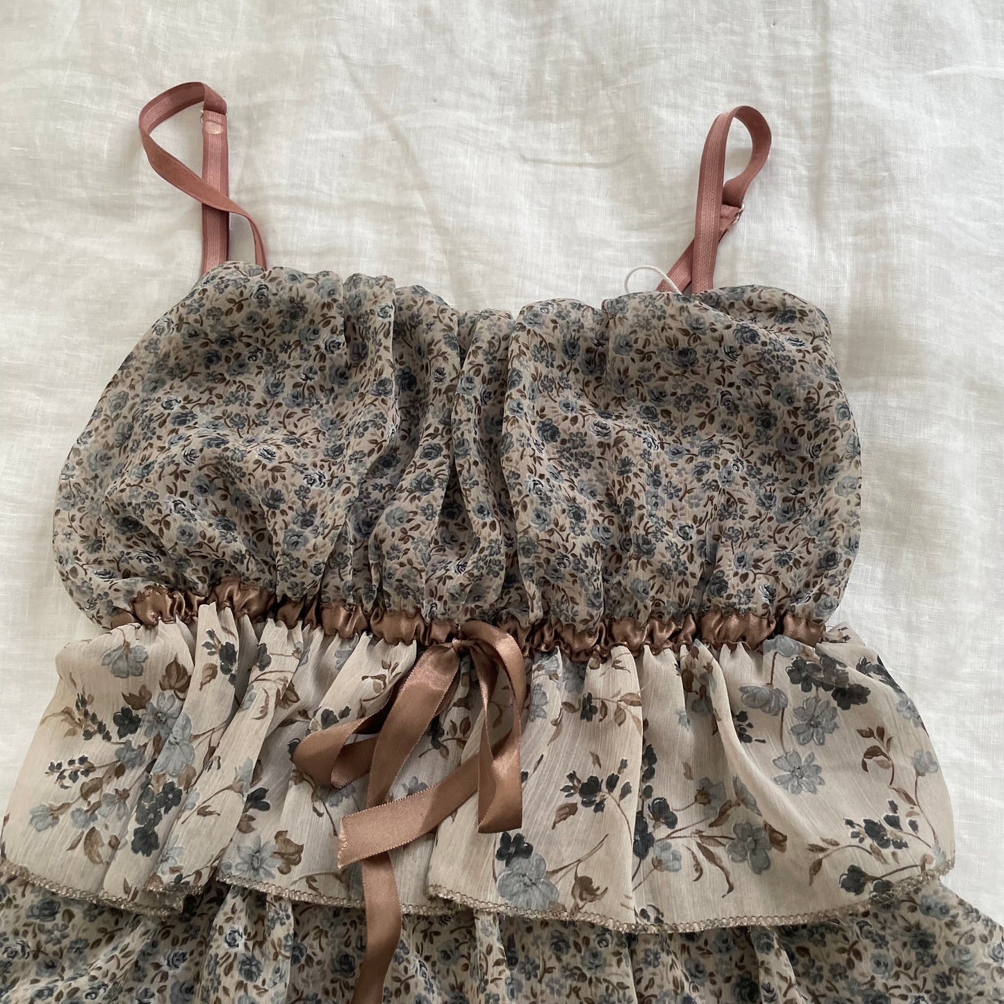 cottage mai brown blue floral ruffle tiered satin bust ribbon camisole