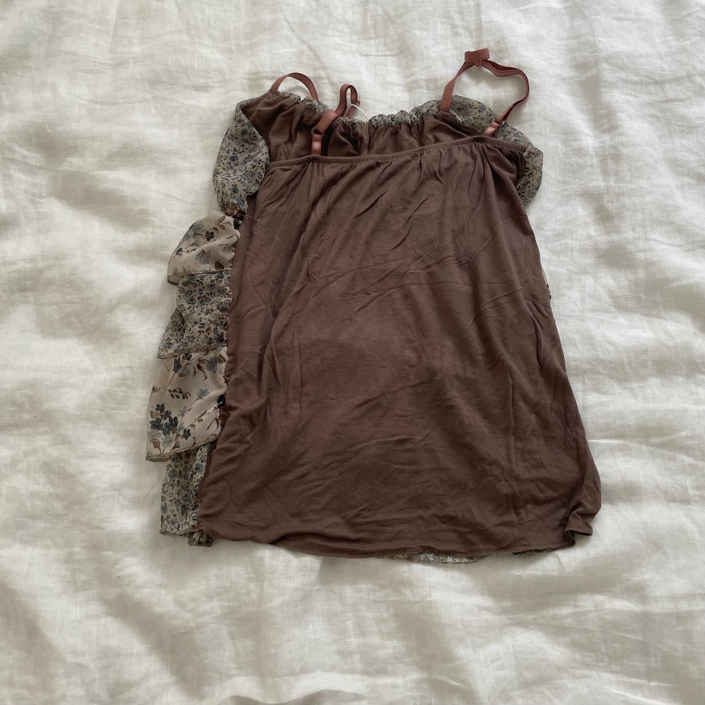 cottage mai brown blue floral ruffle tiered satin bust ribbon camisole