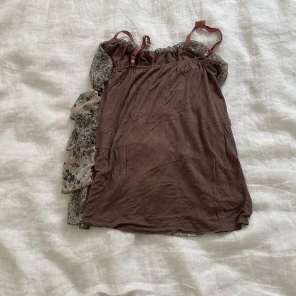 cottage mai brown blue floral ruffle tiered satin bust ribbon camisole