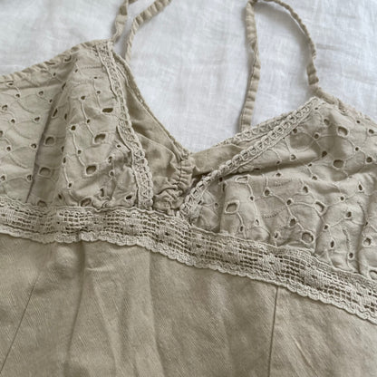 beige linen blend broderie anglaise prairie a line midi dress