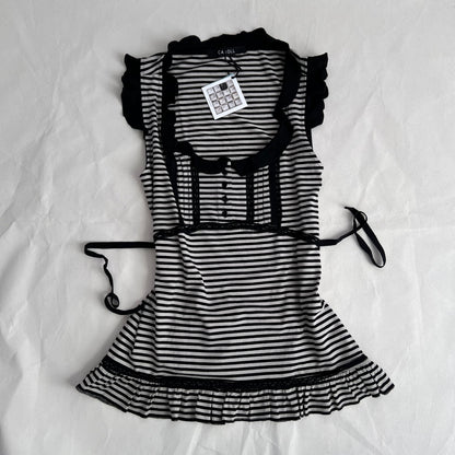 Caroll Preppy Black White Striped Ruffle Frill Hem Babydoll Sleeveless Tunic Top