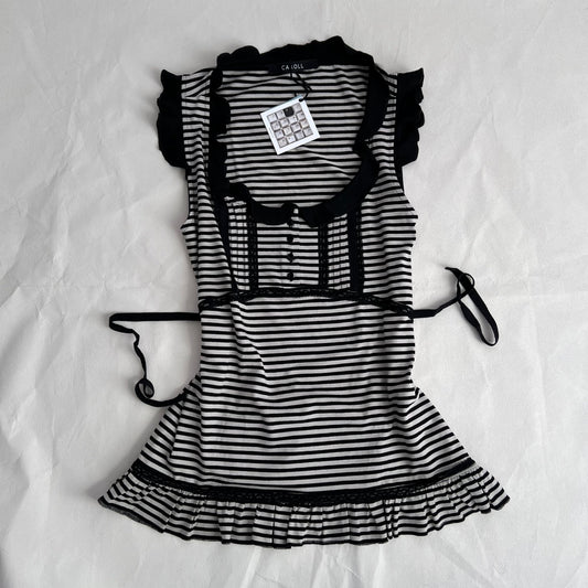 Caroll Preppy Black White Striped Ruffle Frill Hem Babydoll Sleeveless Tunic Top
