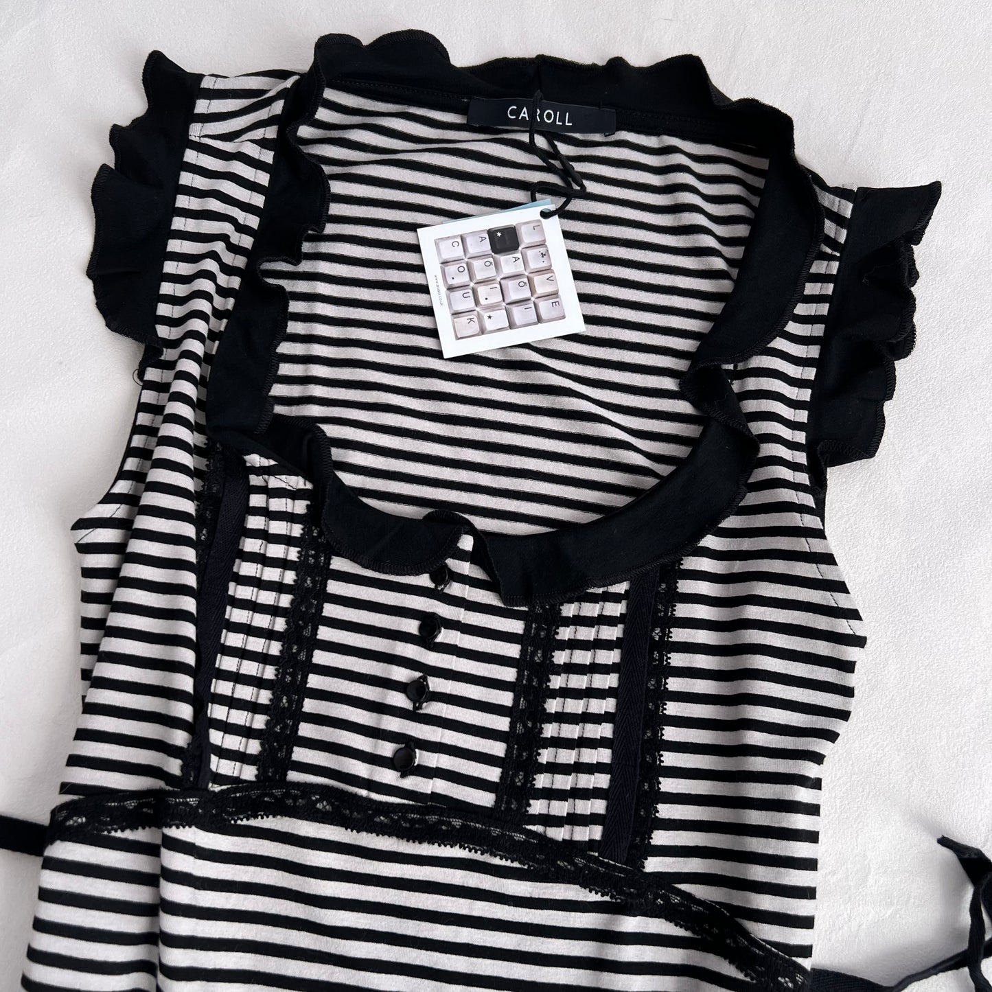 Caroll Preppy Black White Striped Ruffle Frill Hem Babydoll Sleeveless Tunic Top