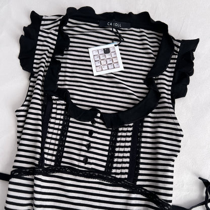 Caroll Preppy Black White Striped Ruffle Frill Hem Babydoll Sleeveless Tunic Top