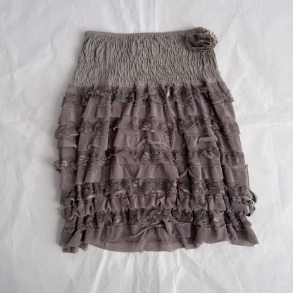 Romantic Boho Beige Brown Frilly Lace Rosette Tiered Babydoll Sleeveless Tube Top