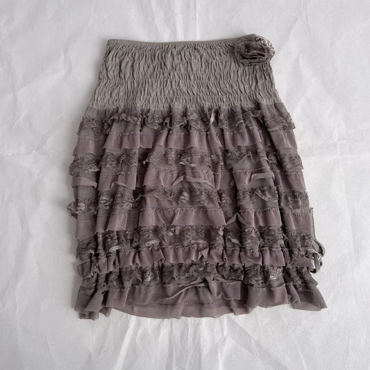 Romantic Boho Beige Brown Frilly Lace Rosette Tiered Babydoll Sleeveless Tube Top