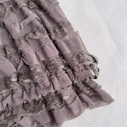 Romantic Boho Beige Brown Frilly Lace Rosette Tiered Babydoll Sleeveless Tube Top