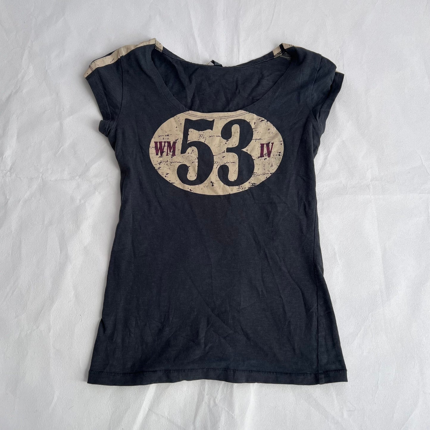 Vintage Watson Preppy Beige Number Navy Short Sleeve Shirt