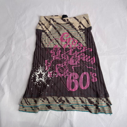 Vintage Stmfive Brown Pink Mix Print Graphic Ribbed Midi Skirt