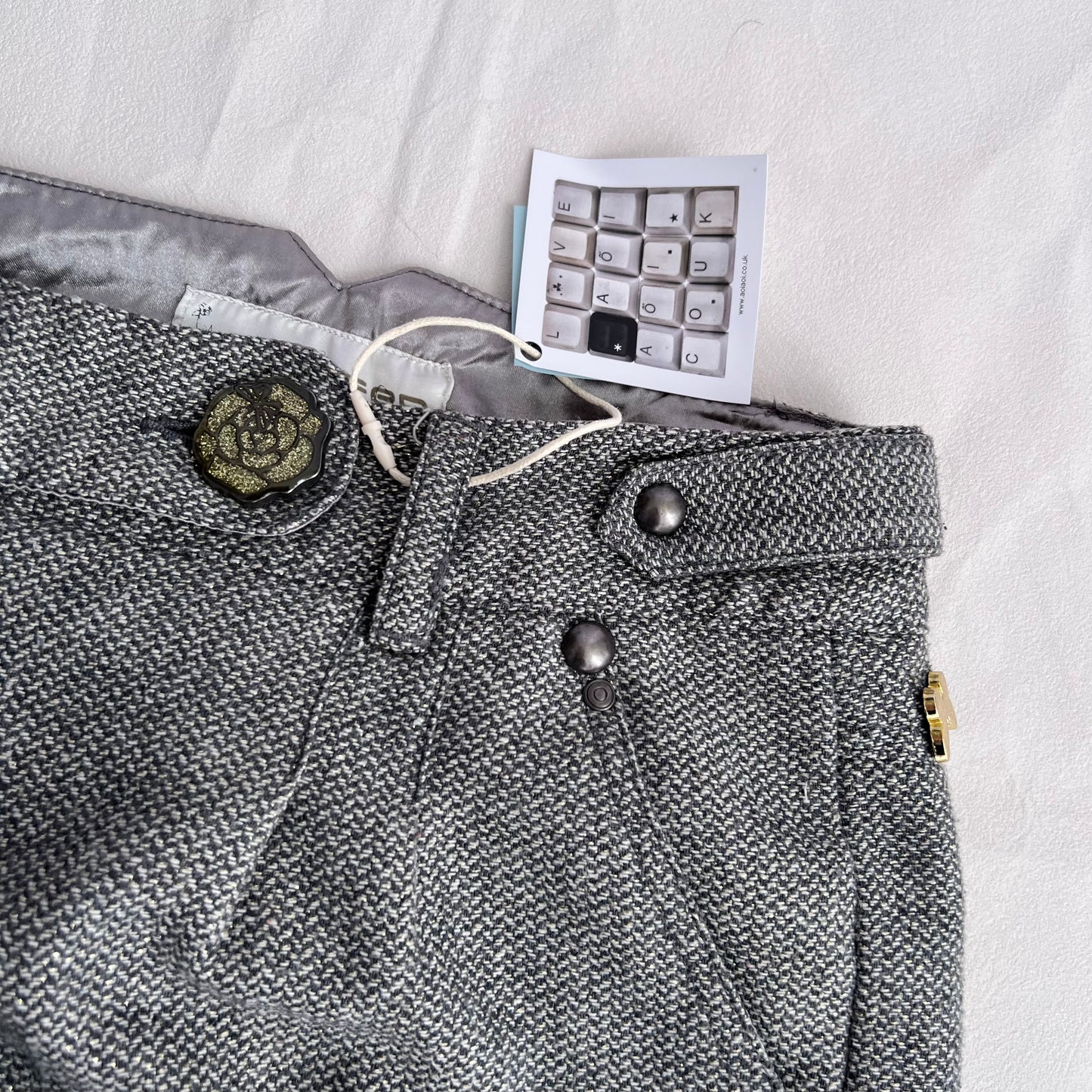 Jennyfer Grey Gold Thread Herringbone Button Charm Accent Mini Shorts