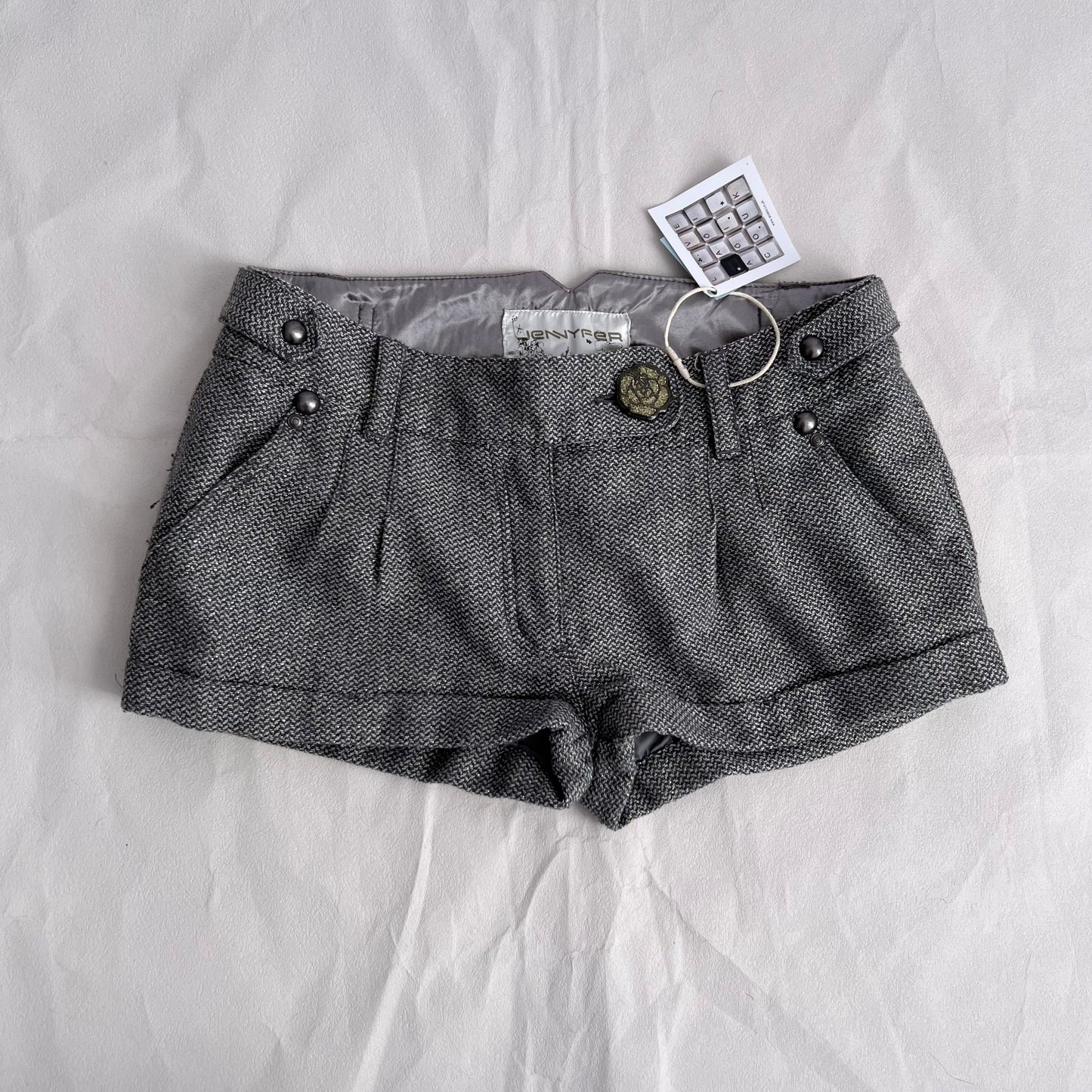 Jennyfer Grey Gold Thread Herringbone Button Charm Accent Mini Shorts