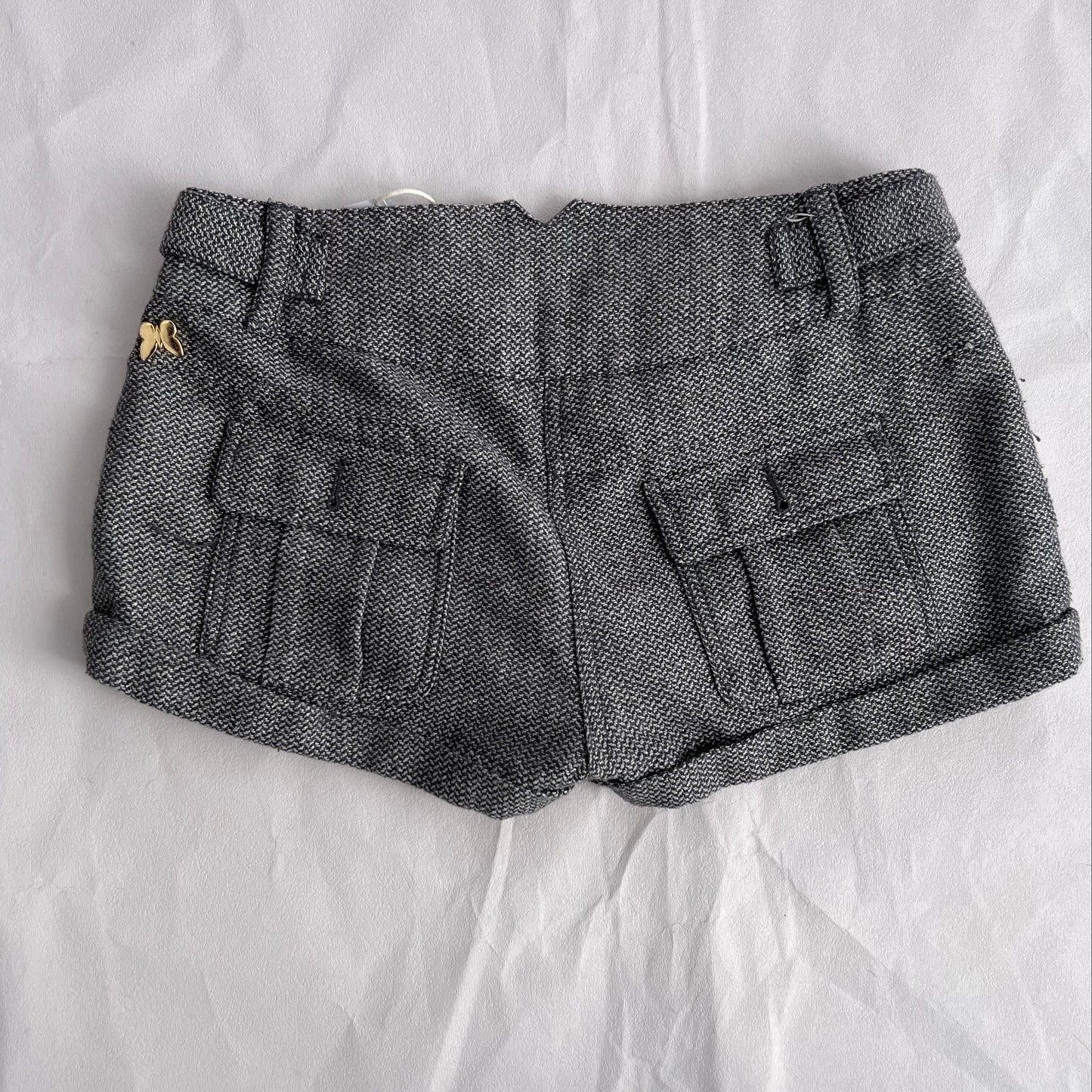 Jennyfer Grey Gold Thread Herringbone Button Charm Accent Mini Shorts