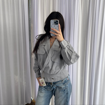 Vintage 80s Cannisse Light Blue Grey Crop Cinched Trench Jacket