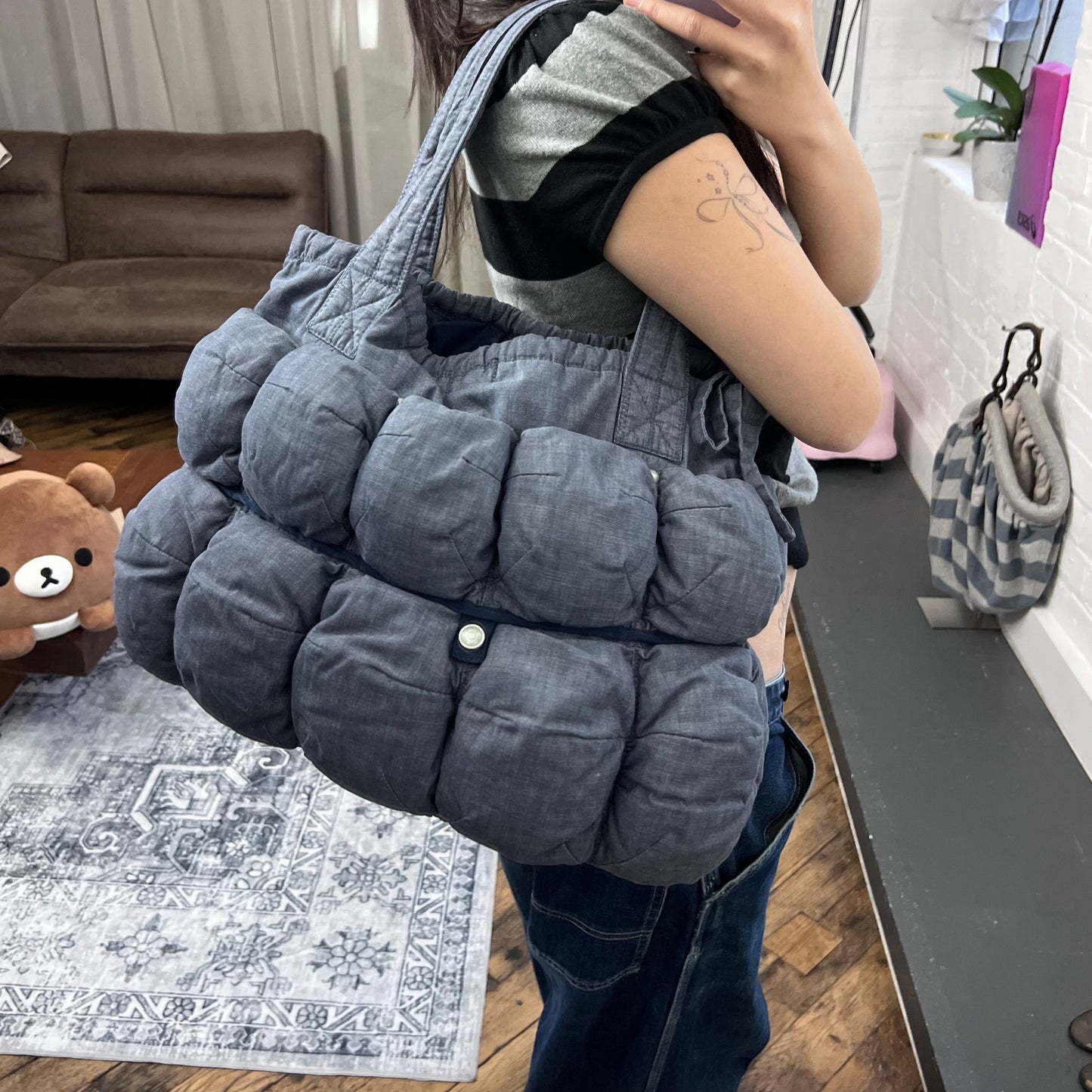 marithe francois girbaud cotton denim blue pokachu multi pocket tote bag