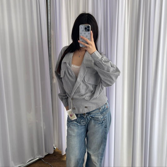 Vintage 80s Cannisse Light Blue Grey Crop Cinched Trench Jacket