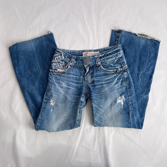 90s Red Pepper Light Wash Distressed Raw Hem Low Rise Wide Leg Studded Denim Jeans