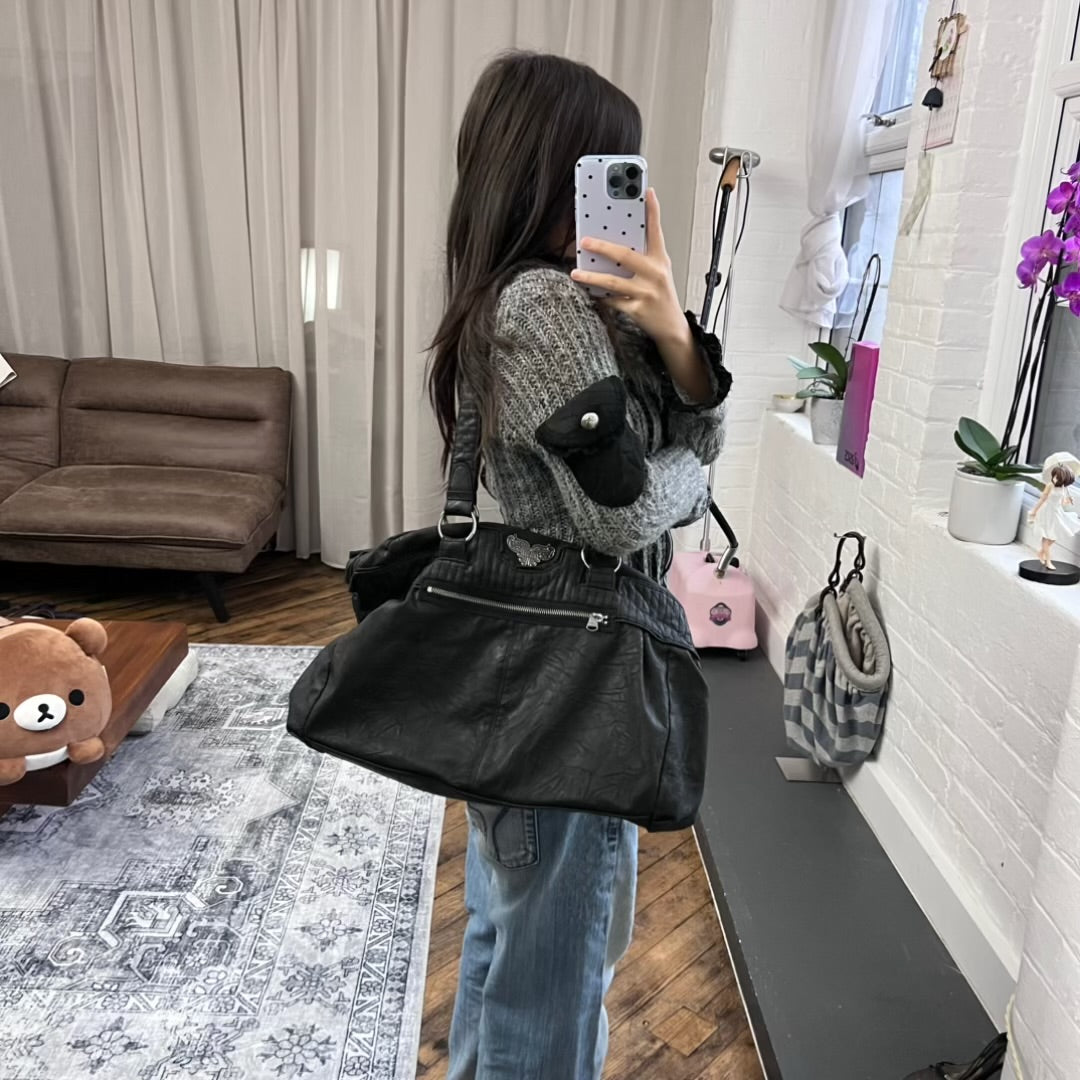 vintage diesel black leather silver wing emblem tote bag