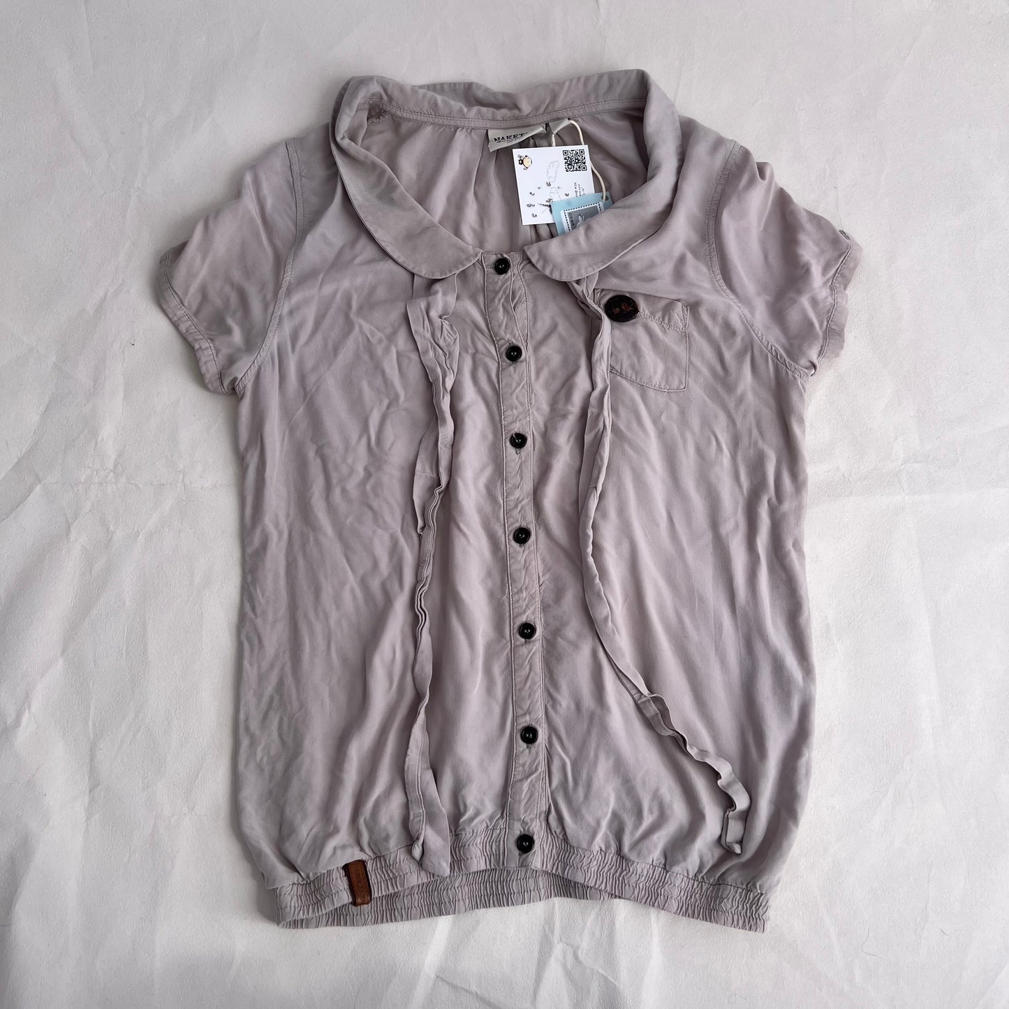 Naketano Beige Silky Short Sleeve Front Tie Detail Blouson