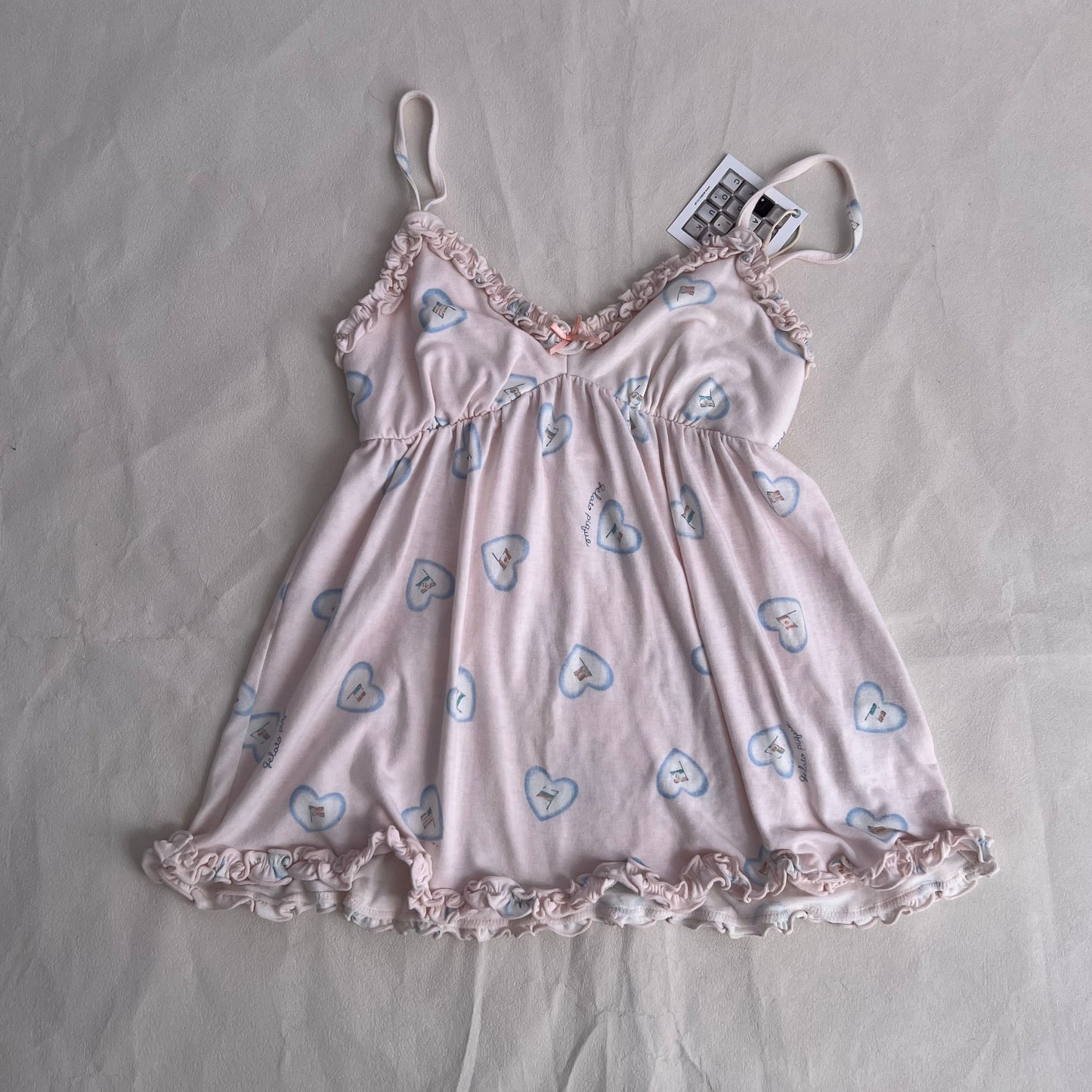 Coquette Gelato Pique Baby Pink Candy Heart Print Ruffle Babydoll Camisole