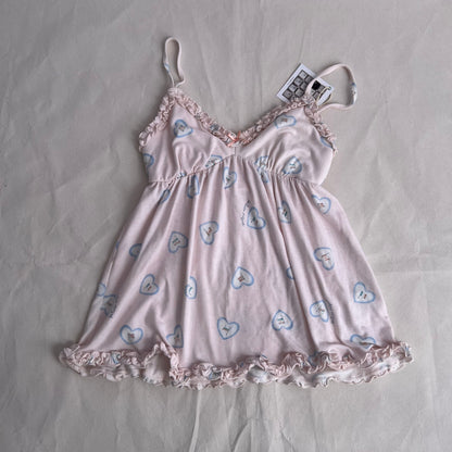 Coquette Gelato Pique Baby Pink Candy Heart Print Ruffle Babydoll Camisole
