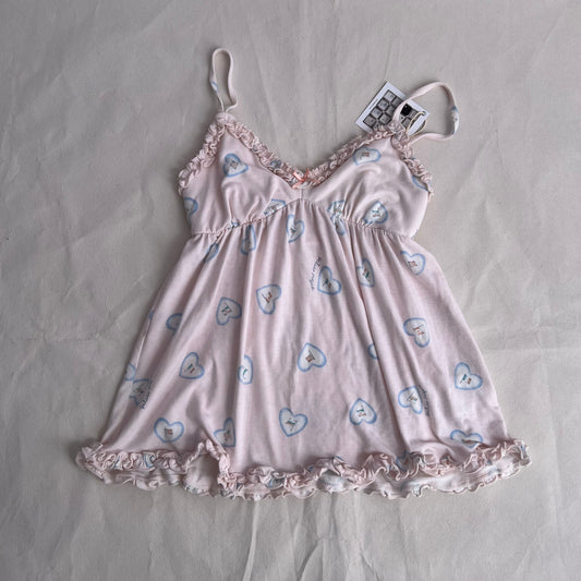 Coquette Gelato Pique Baby Pink Candy Heart Print Ruffle Babydoll Camisole