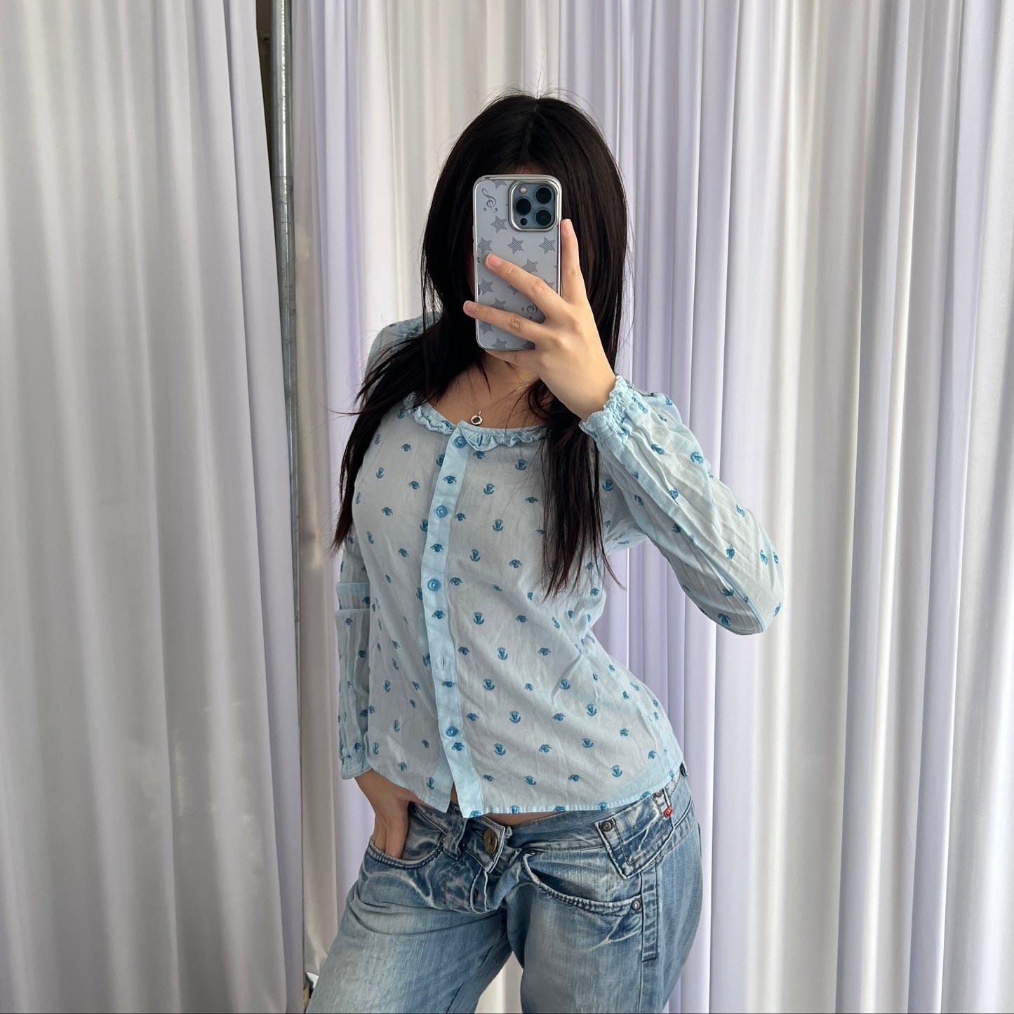 Hysteric Baby Blue Frill Skull Print Button Down Fitted Blouson Shirt