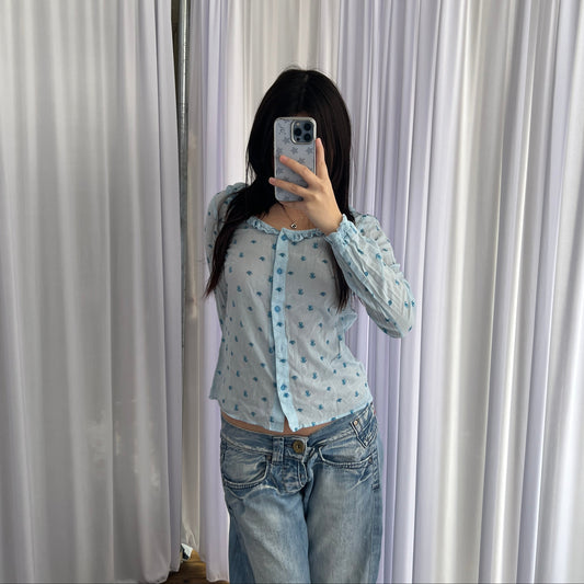 Hysteric Baby Blue Frill Skull Print Button Down Fitted Blouson Shirt