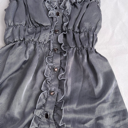 Vintage Pinstripe Silk Blend Ruched Ruffle Trim Babydoll Camisole