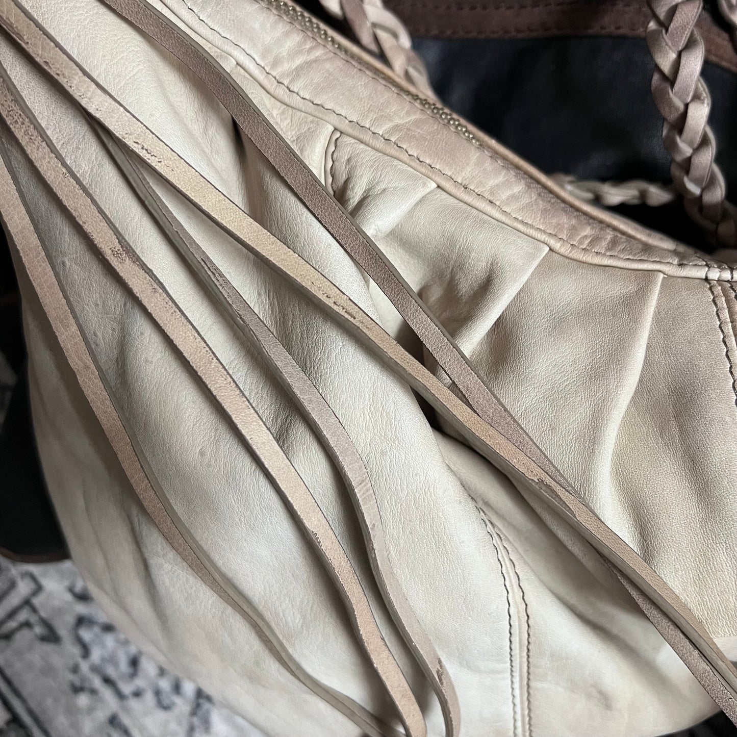 braided tassel allsaints beige stone tan faded wash oversized leather shoulder bag