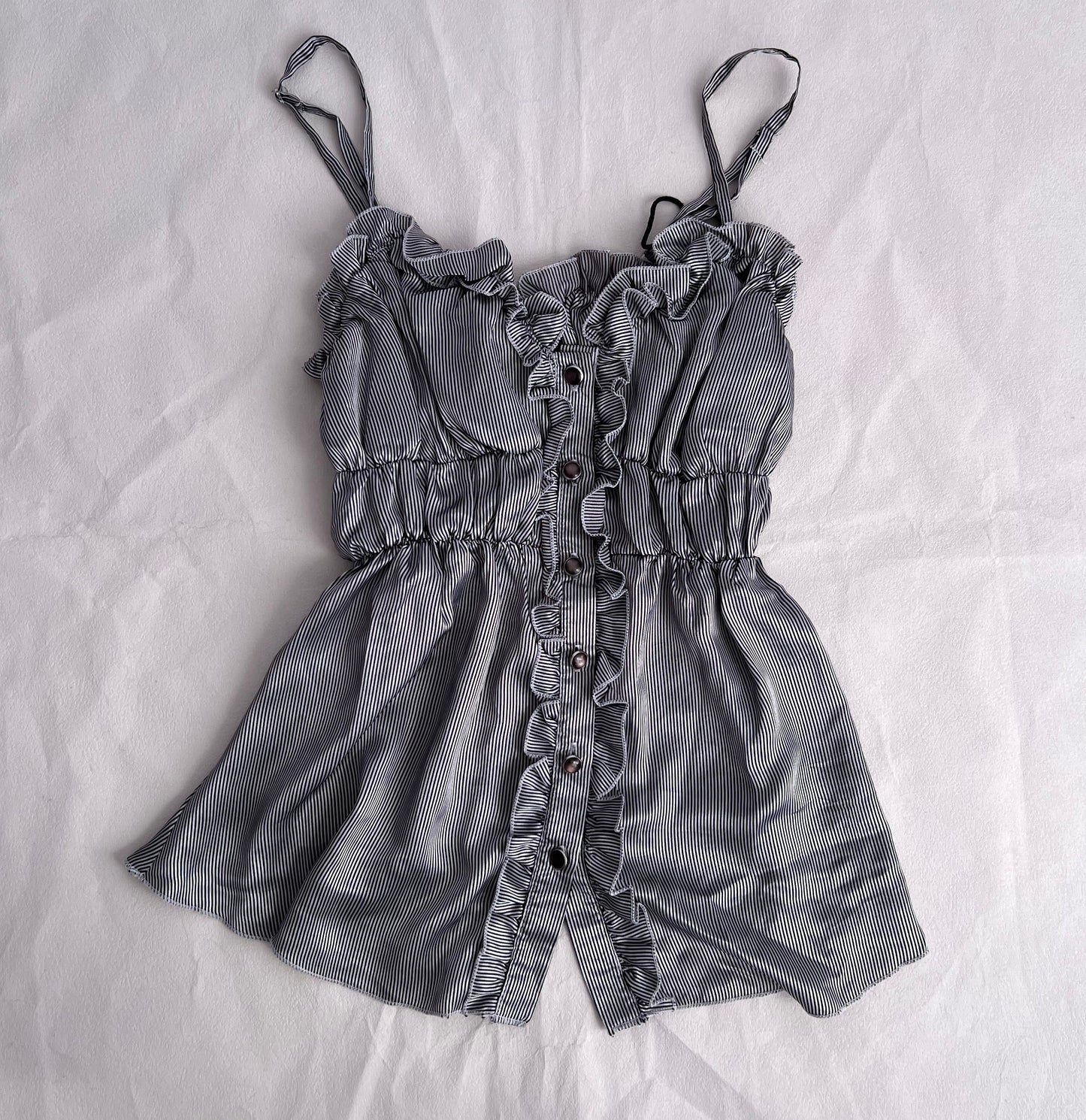 Vintage Pinstripe Silk Blend Ruched Ruffle Trim Babydoll Camisole