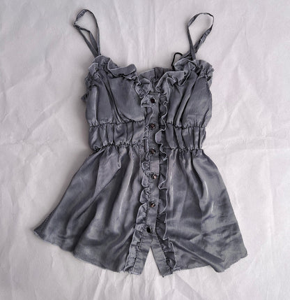 Vintage Pinstripe Silk Blend Ruched Ruffle Trim Babydoll Camisole