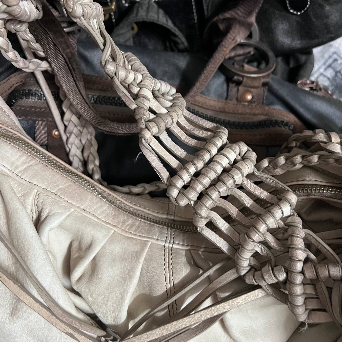 braided tassel allsaints beige stone tan faded wash oversized leather shoulder bag