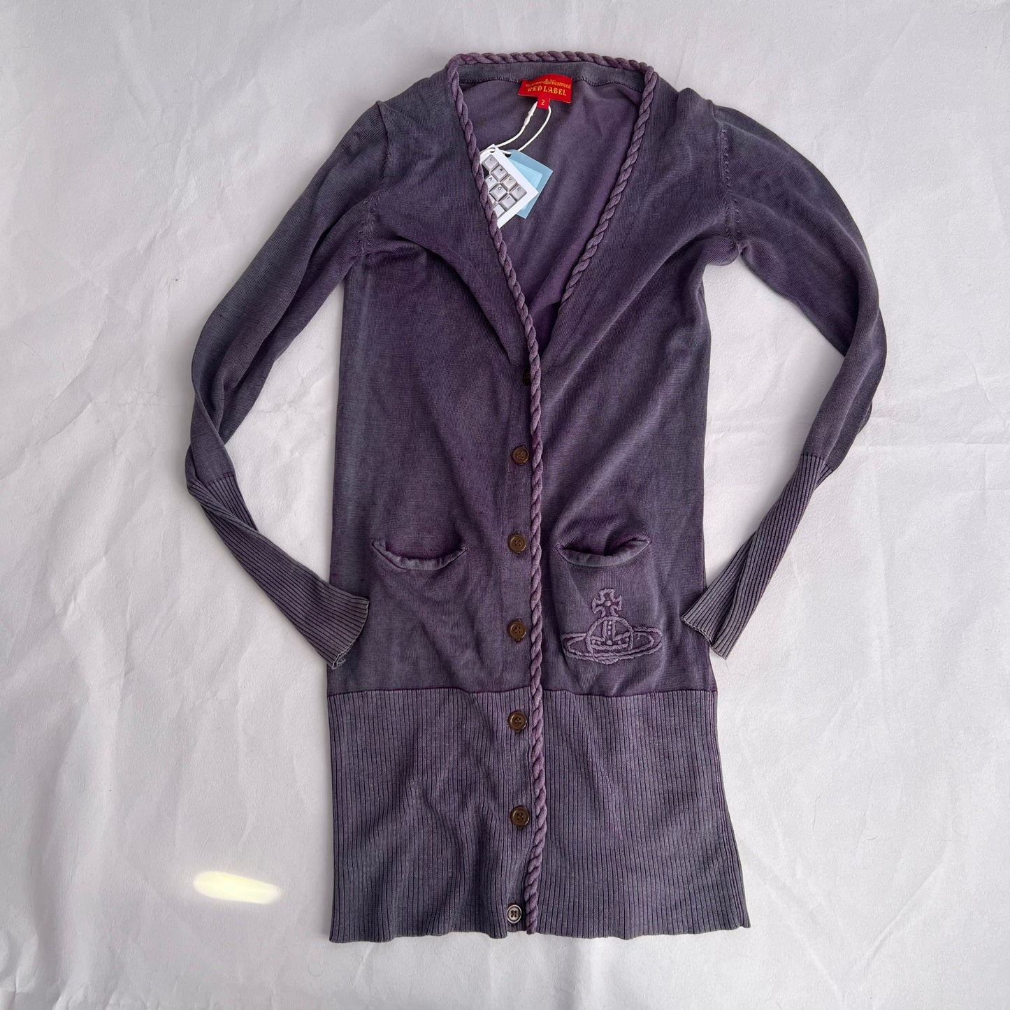 Vivienne Westwood Red Label Muted Purple V Neck Woven Ribbed Hem Long Cardigan