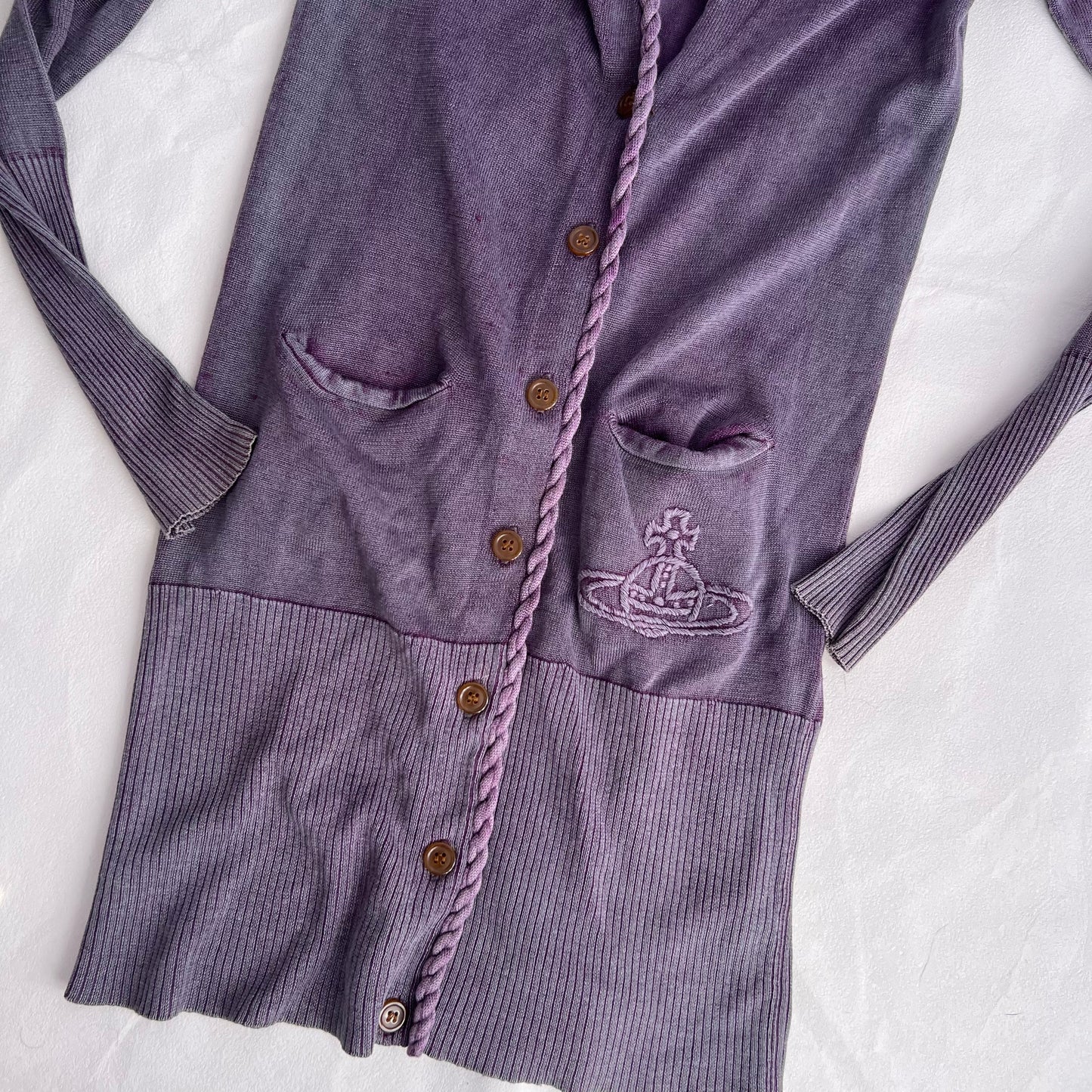 Vivienne Westwood Red Label Muted Purple V Neck Woven Ribbed Hem Long Cardigan