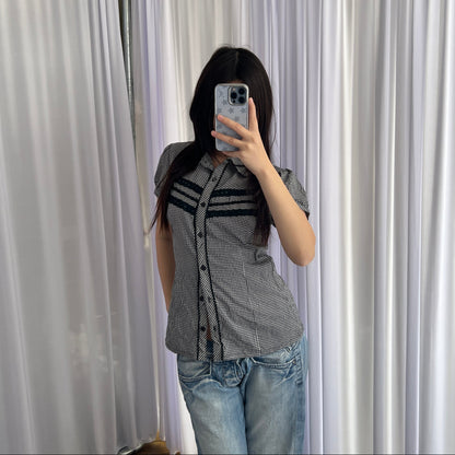 Image Black White Gingham Black Lacey Check Puff Sleeve Button Blouse