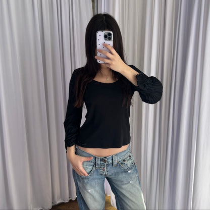 Cop Copine Balletcore 3/4 Button Collar Accent Pleated Puff Sleeve Black Top
